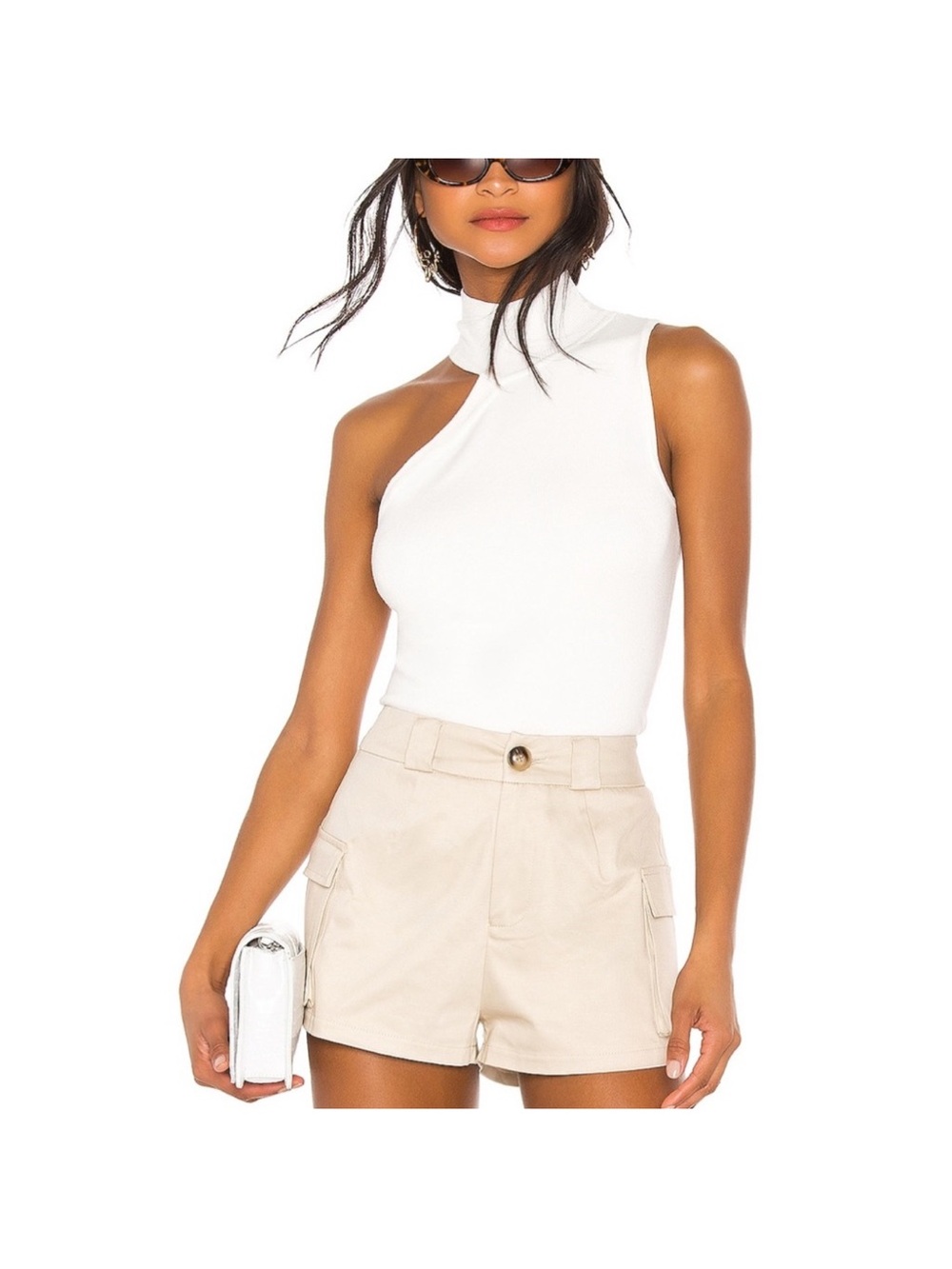 superdown One-Shoulder Mock Neck Tank Top in White